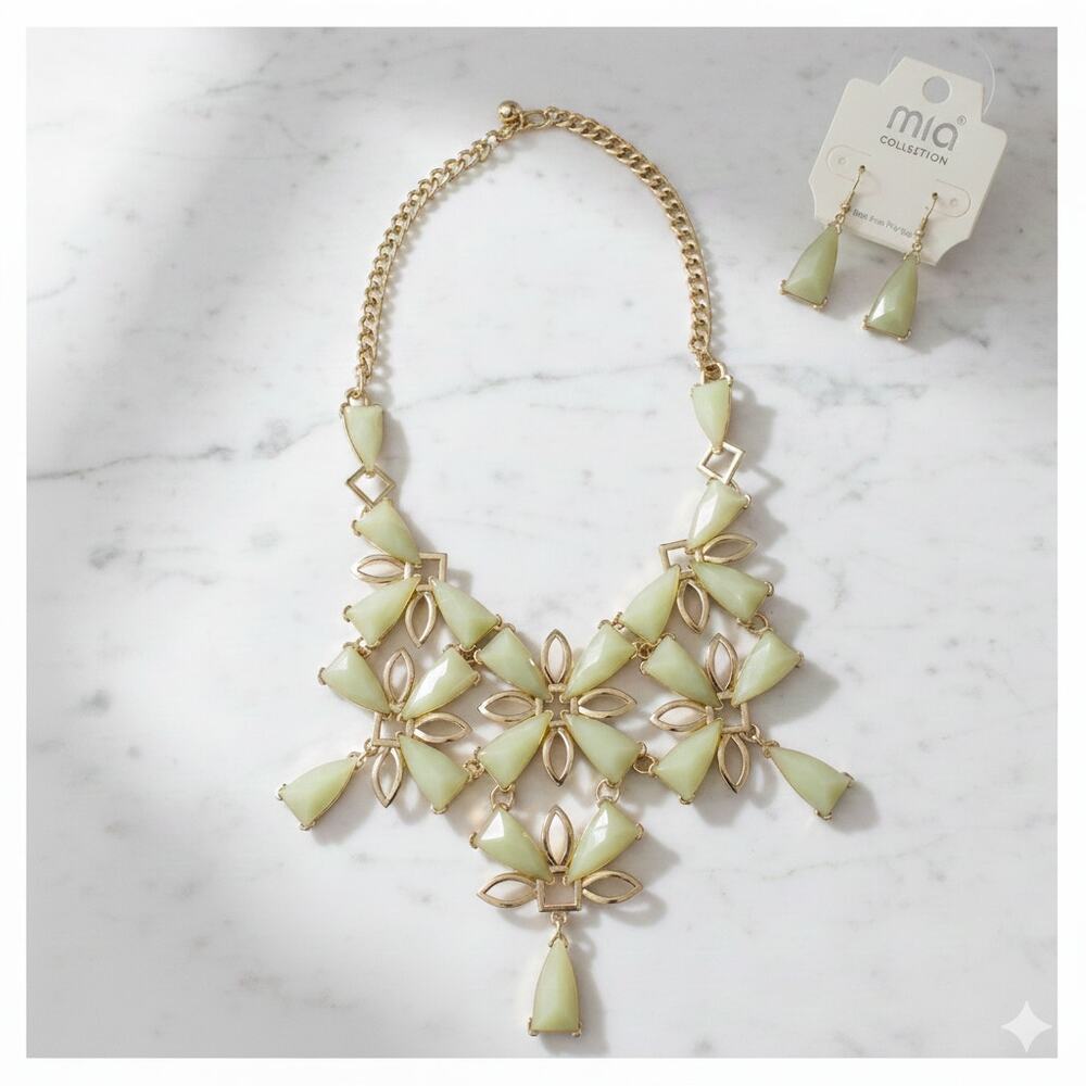 Mia Collection Hook Earrings & Bib Necklace 2pc Set Gold Tone & Lucite Fashion